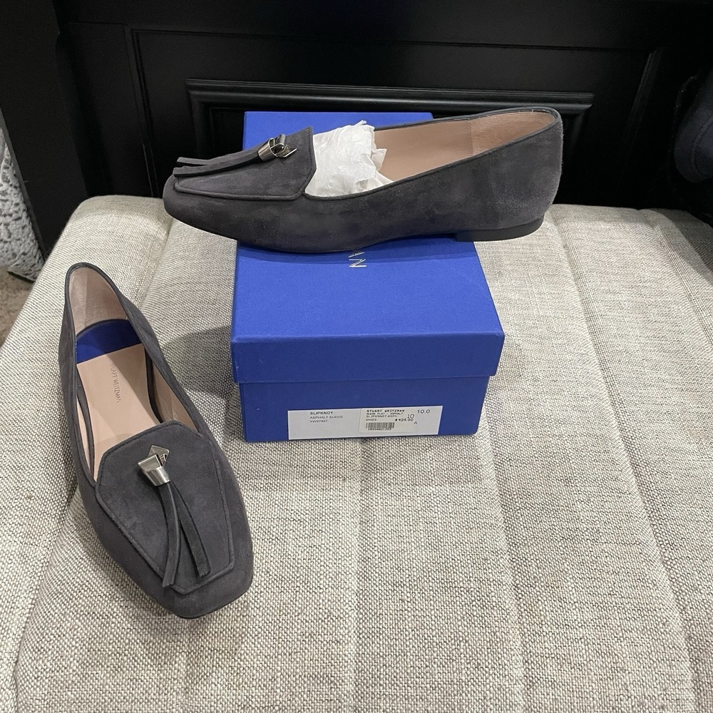Stuart Weitzman 10M Women's Asphalt‎ Grey Suede Slipknot Tassel Slip-On Loafers
